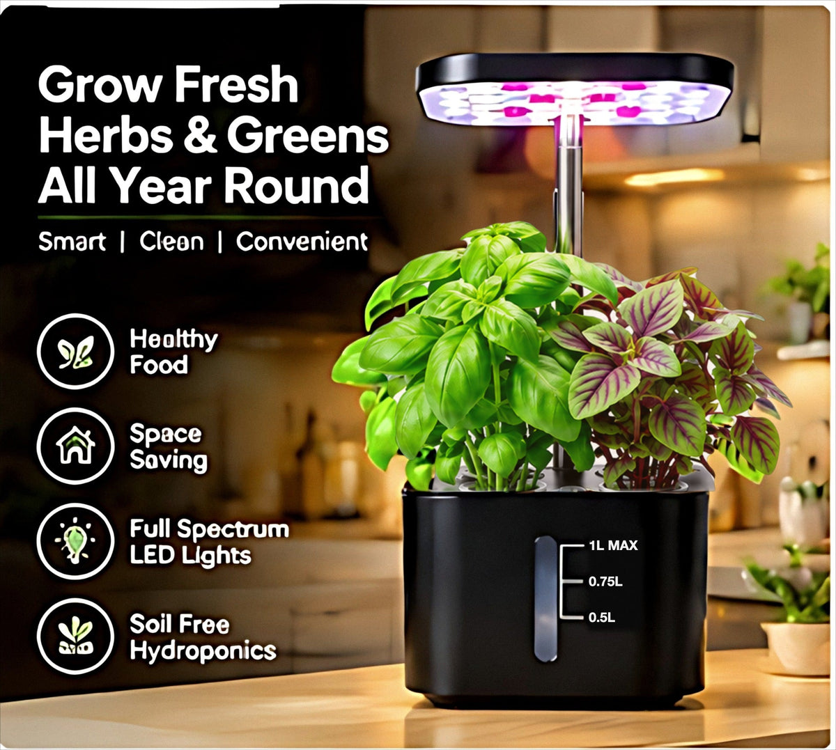 BotaniBright in black growing fresh basil and herbs on a kitchen counter #color-black