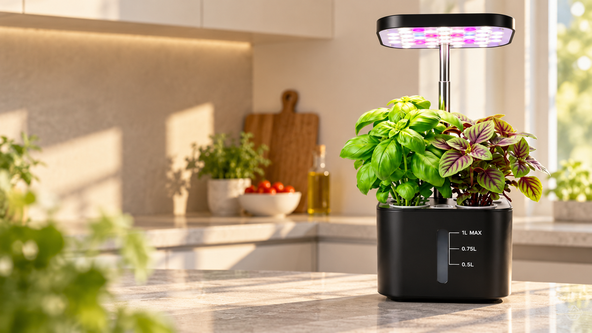 BotaniBright smart indoor herb garden in black on a sunny kitchen counter