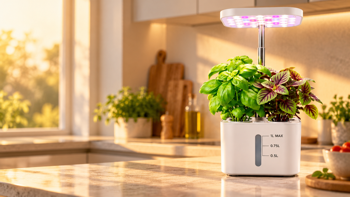 BotaniBright smart indoor herb garden in white in a warm kitchen at golden hour