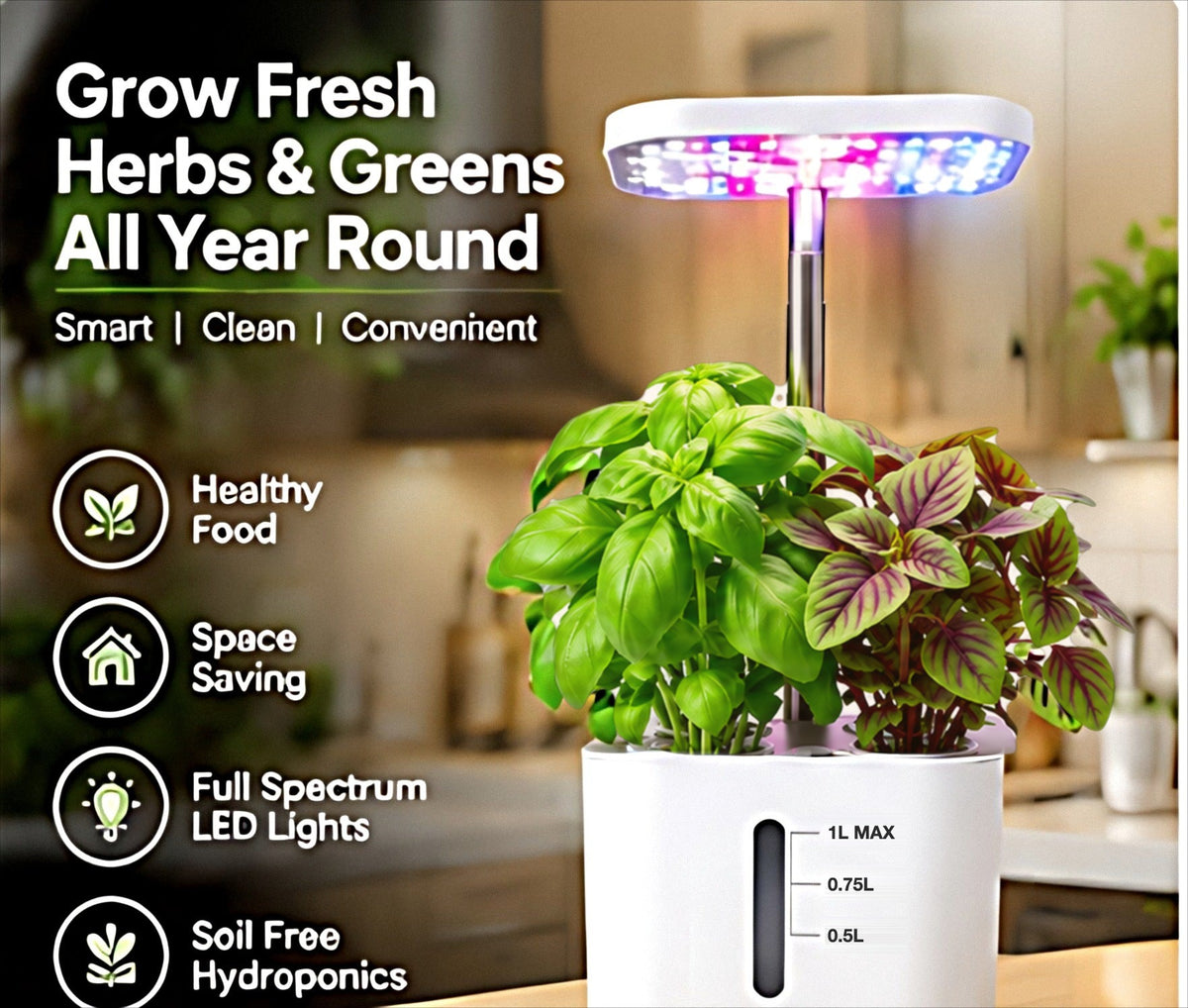 BotaniBright in white growing fresh basil and herbs on a kitchen counter #color-white