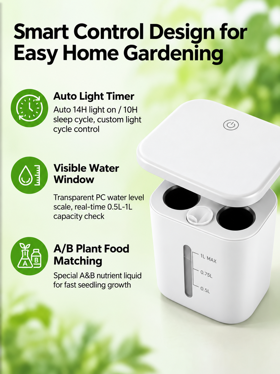 BotaniBright white smart controls: auto light timer, water window and A/B plant food #color-white