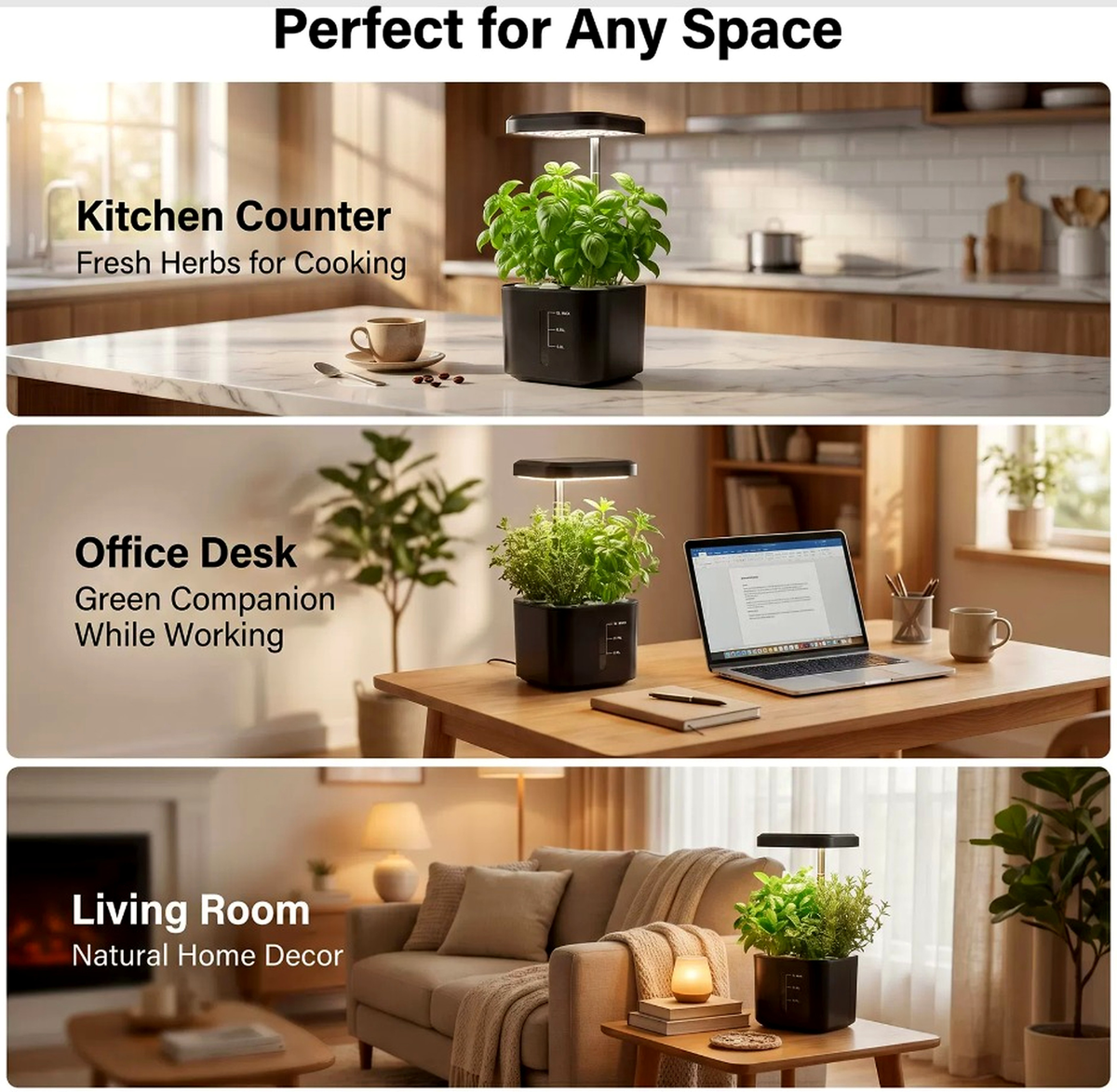 BotaniBright on a kitchen counter, office desk and living room #color-black
