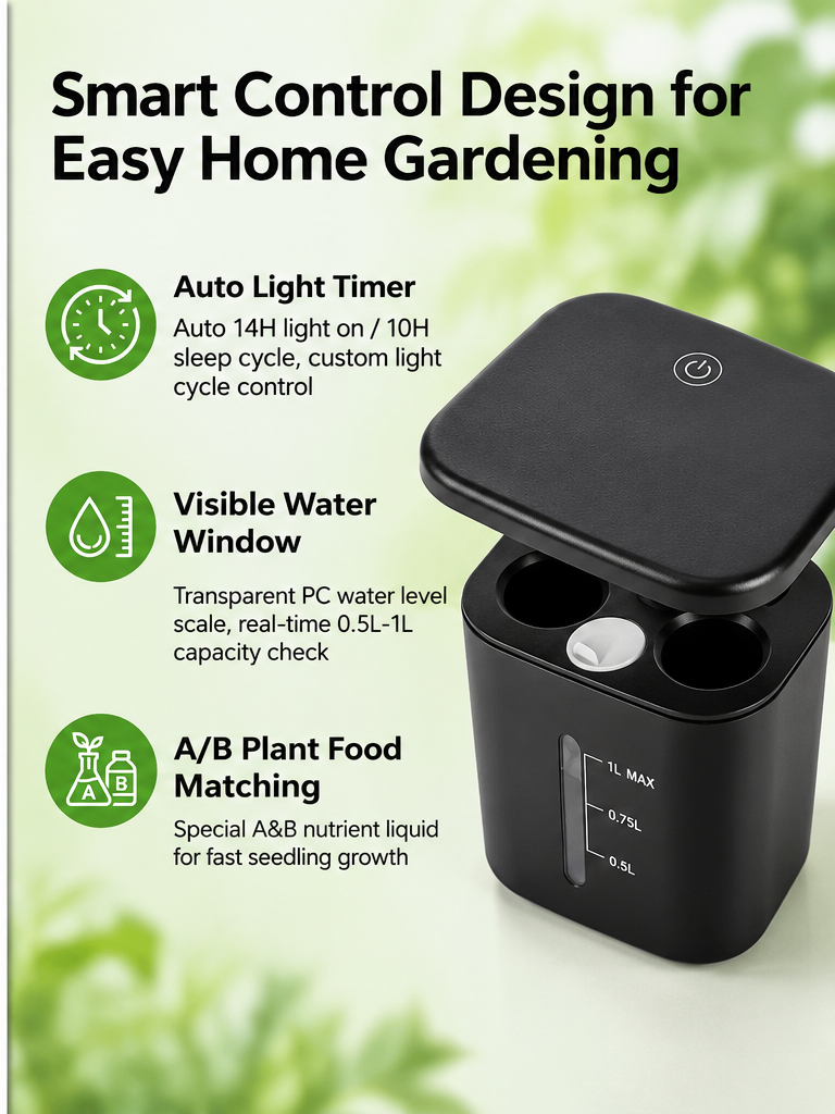 BotaniBright smart controls: auto light timer, water window and A/B plant food #color-black